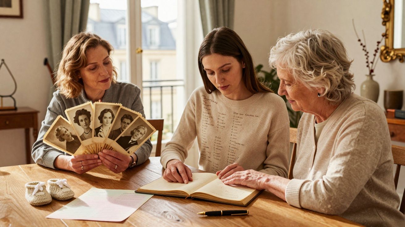 Três gerações de mulheres a olhar fotografias antigas e um livro de memórias à mesa de madeira.