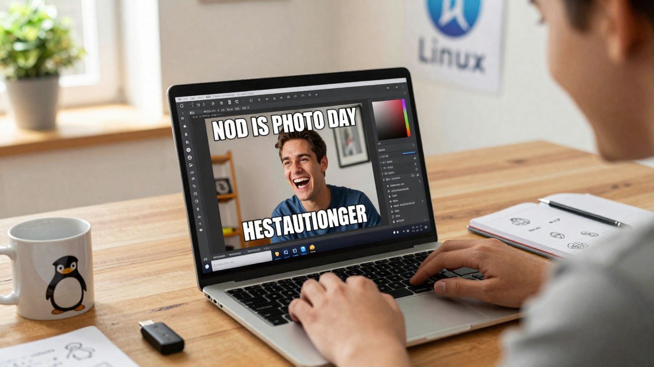 Pessoa a editar imagem com texto humorístico num computador portátil num escritório com decoração Linux.