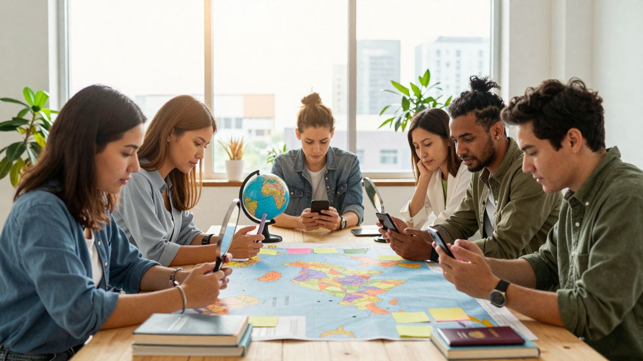 Jovens sentados à mesa com mapa, globo terrestre e telemóveis, em sala com janelas grandes e luz natural.