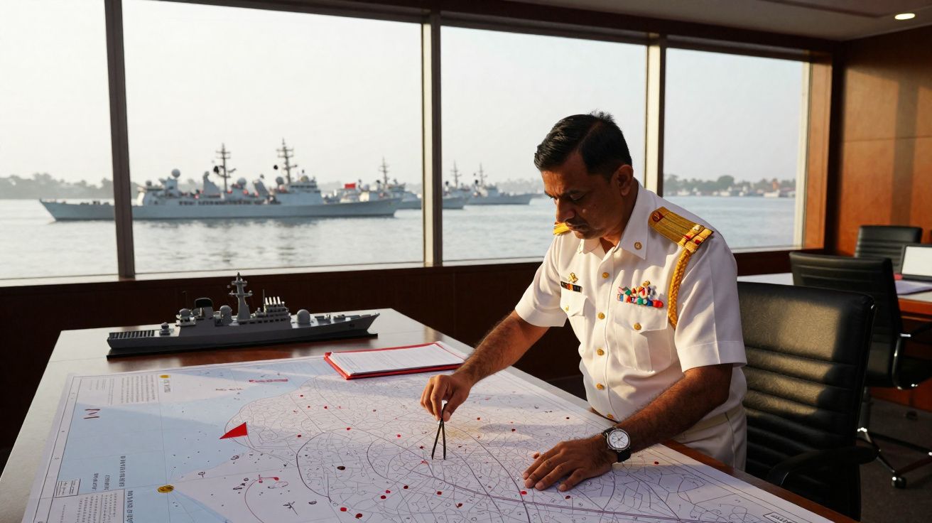 Oficial naval a analisar uma carta náutica numa sala com janelas grandes e navios no mar ao fundo.