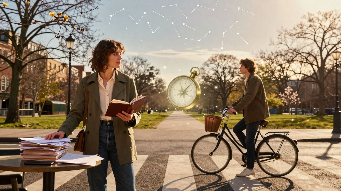 Mulher com livro e homem com bicicleta num parque, com bússola e constelações no céu ao entardecer.