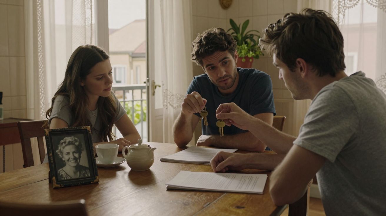 Três pessoas sentadas à mesa com documentos e chaves, numa divisão iluminada por luz natural.