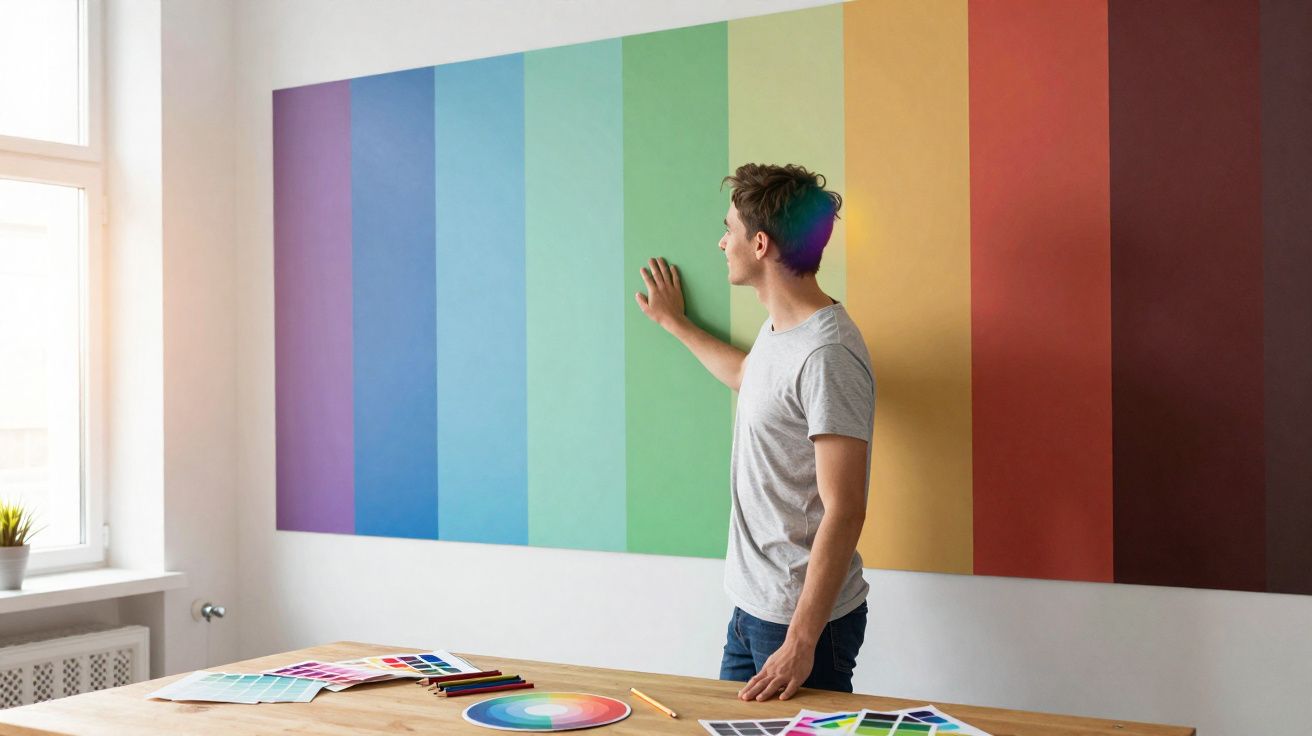 Homem a tocar numa parede pintada com faixas verticais de várias cores num escritório bem iluminado.