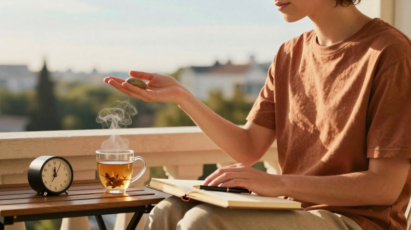 Pessoa sentada numa varanda com chá quente, relógio e caderno aberto numa mesa pequena.