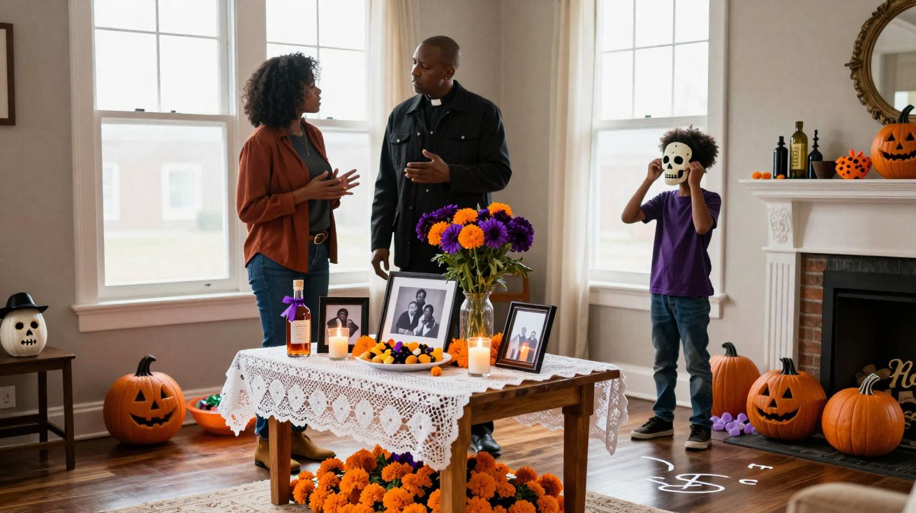 Família negra celebra o Dia dos Mortos com altar decorado e abóboras em sala iluminada.