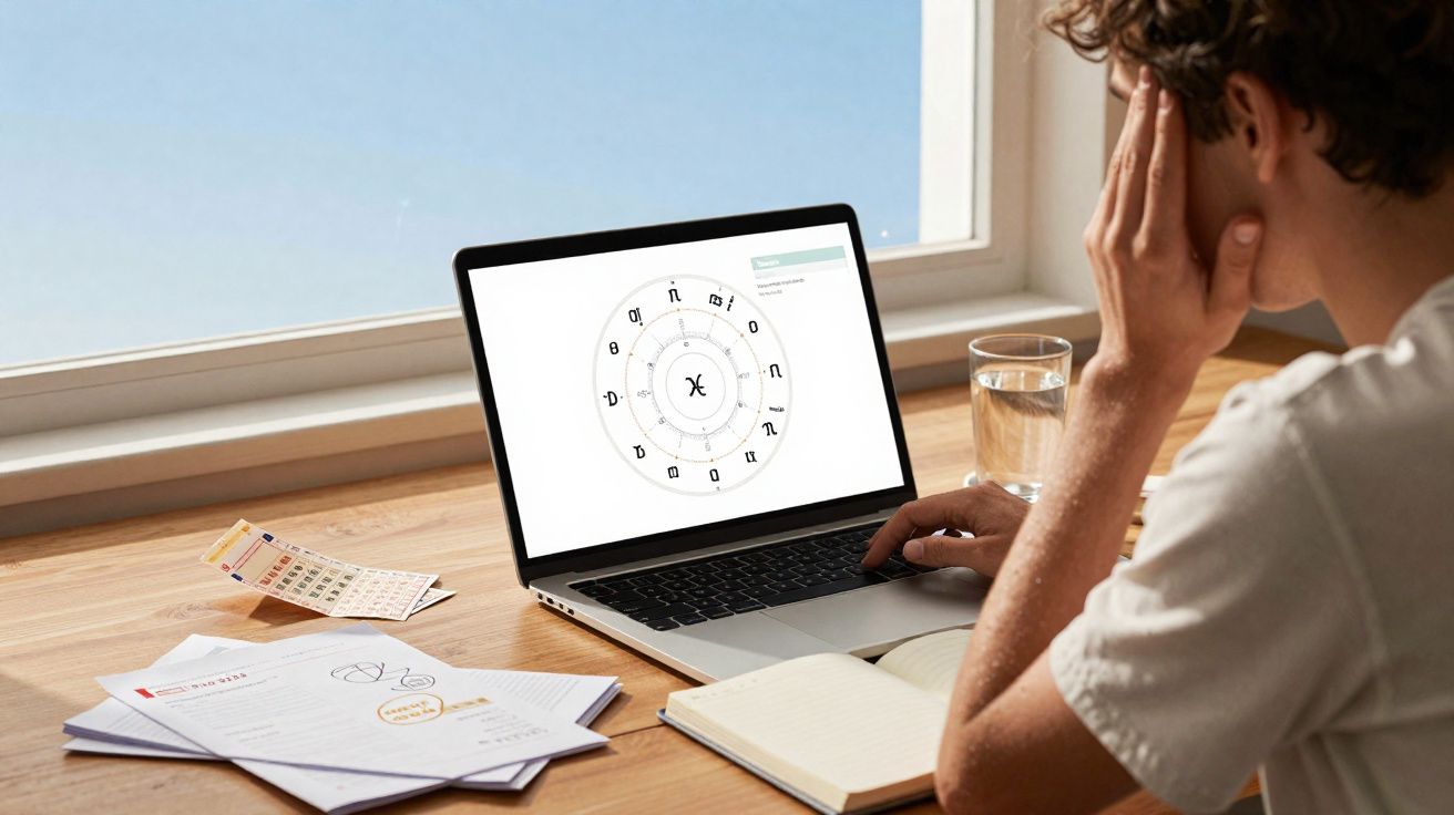 Pessoa a consultar mapa astral num portátil numa secretária com papéis, caderno e copo de água junto à janela.