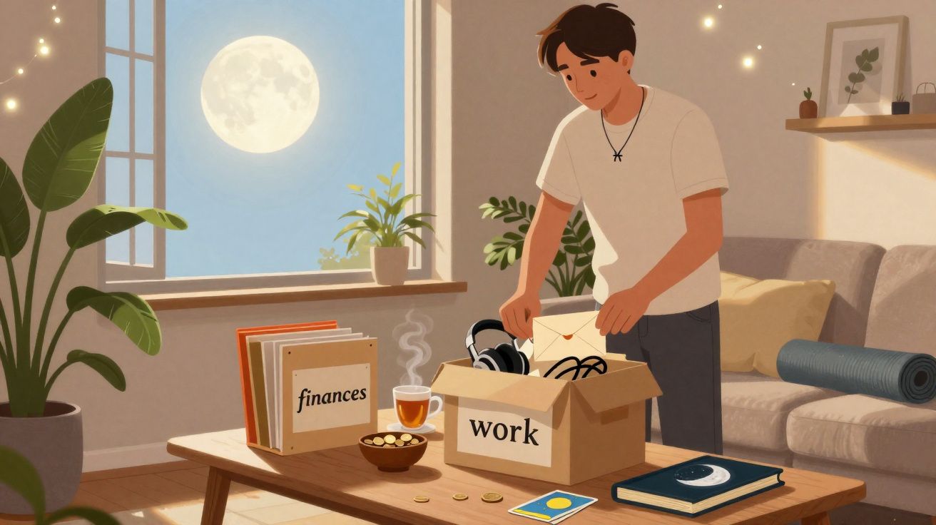 Jovem arruma caixa de trabalho numa sala com plantas e janela aberta mostrando a lua cheia.