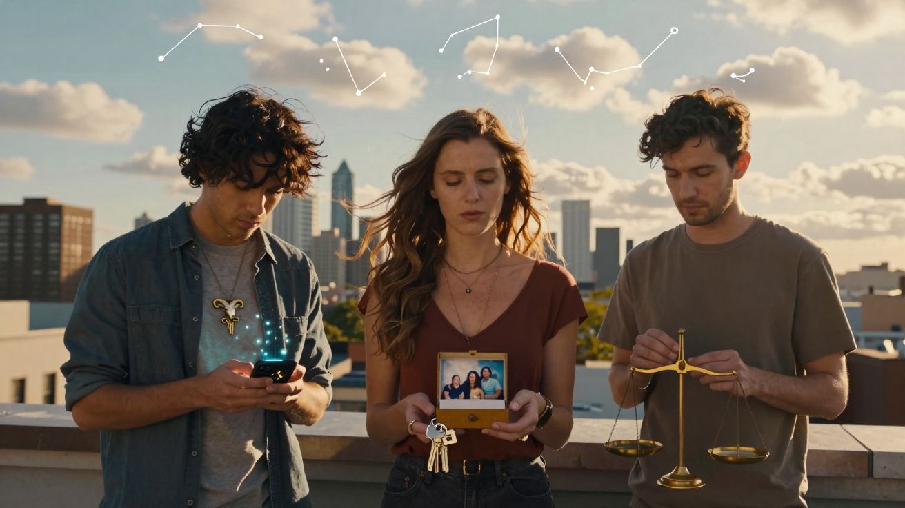 Três jovens sobre um terraço com constelações desenhadas no céu, segurando objetos simbólicos ao pôr do sol.