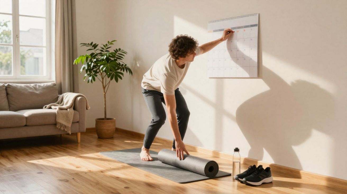 Homem a desenrolar tapete de yoga enquanto verifica calendário na parede de sala iluminada.