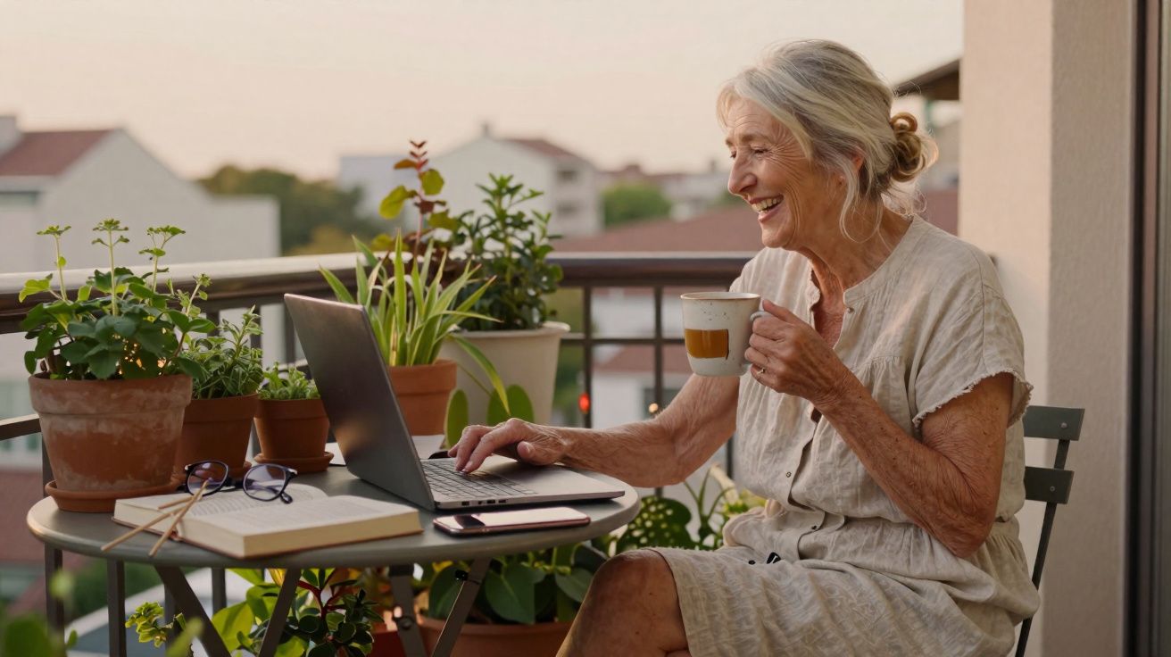 Mulher idosa sorridente a usar computador portátil enquanto bebe café numa varanda com várias plantas.