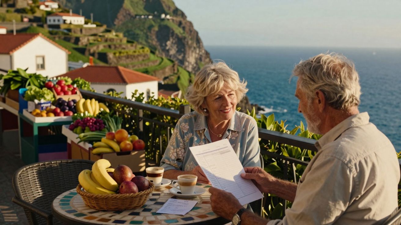Casal sénior sentado numa esplanada com frutas, café e vista para o mar e colinas ao fundo.