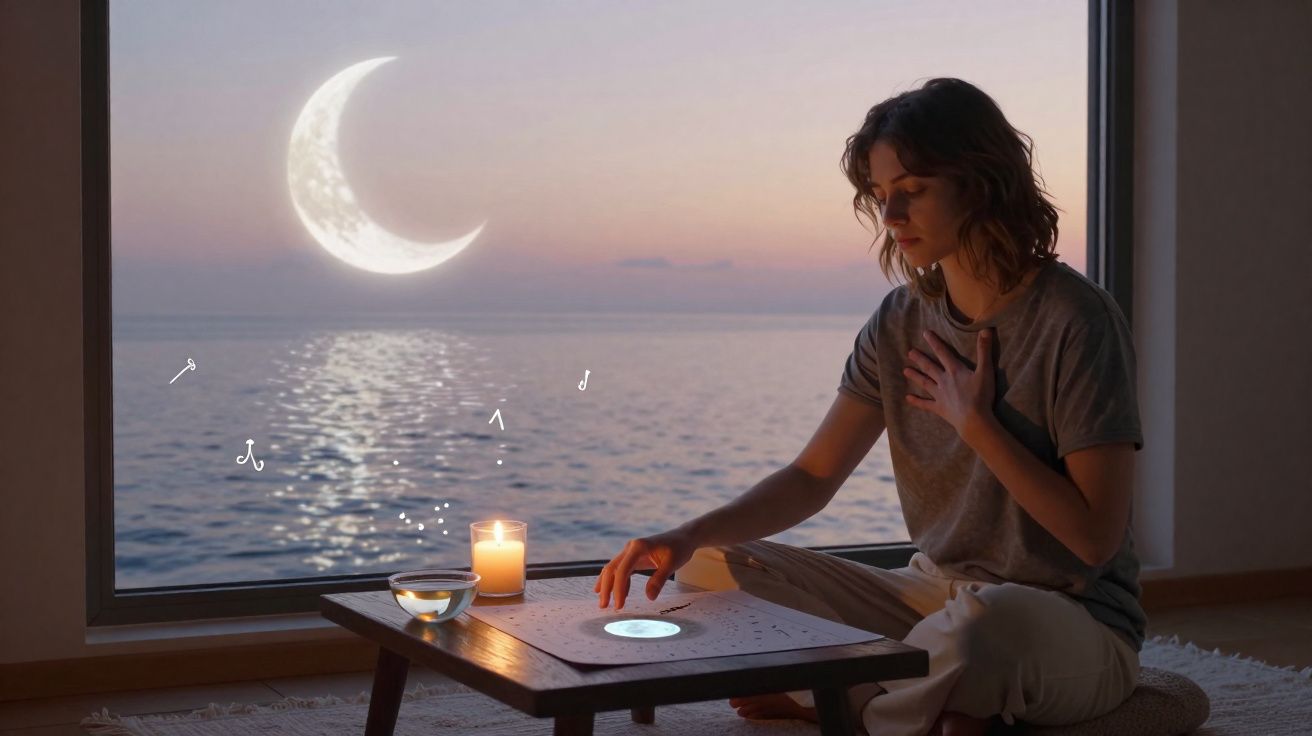 Mulher sentada a tocar num mapa lunar com vela, água e Lua brilhante ao fundo no oceano ao pôr do sol.