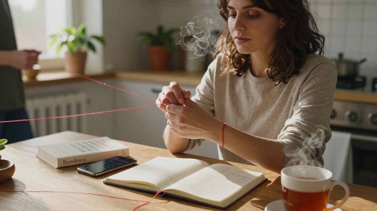 Mulher a desenrolar fio vermelho sentada à mesa com caderno aberto, chá quente e livros numa cozinha iluminada.