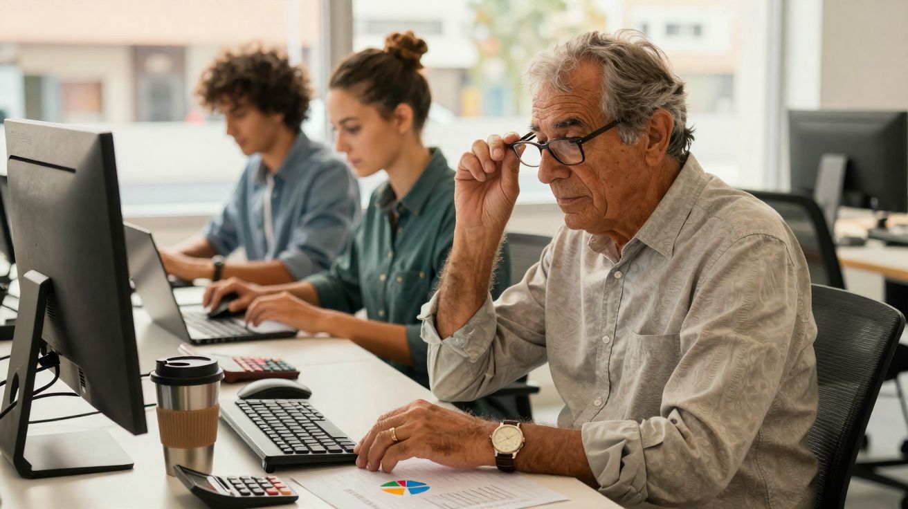 Homem idoso com óculos a analisar documento, com dois jovens a trabalhar em computadores ao fundo num escritório.