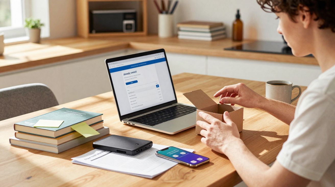 Pessoa desembrulha caixa pequena sentado à mesa com laptop, telemóvel, livros e caneca à frente.