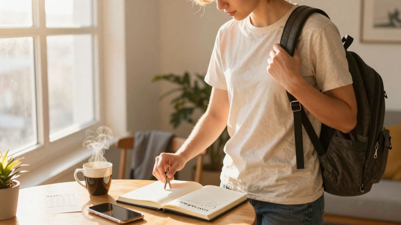 Pessoa com mochila branca lê agenda numa mesa com chá quente e telemóvel junto a uma janela iluminada.