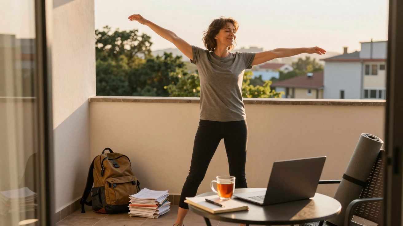 Mulher a alongar-se numa varanda ao nascer do sol, com computador, mochila e papéis à sua volta.