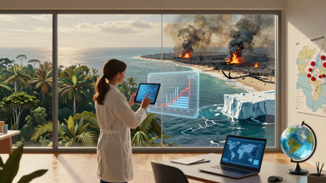 Cientista observa gráficos digitais enquanto incêndios devastam floresta tropical em zona costeira com gelo derretido.