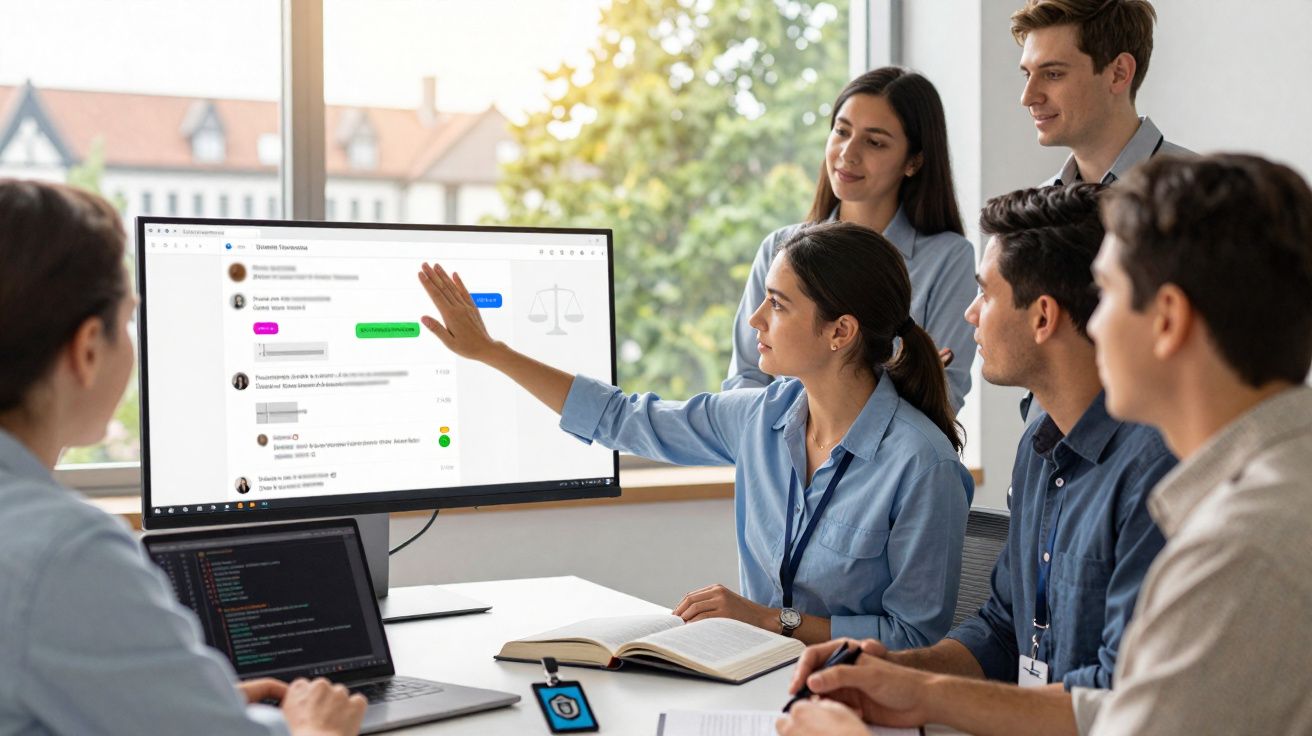 Grupo de cinco jovens em reunião a analisar dados num ecrã grande numa sala de escritório iluminada.