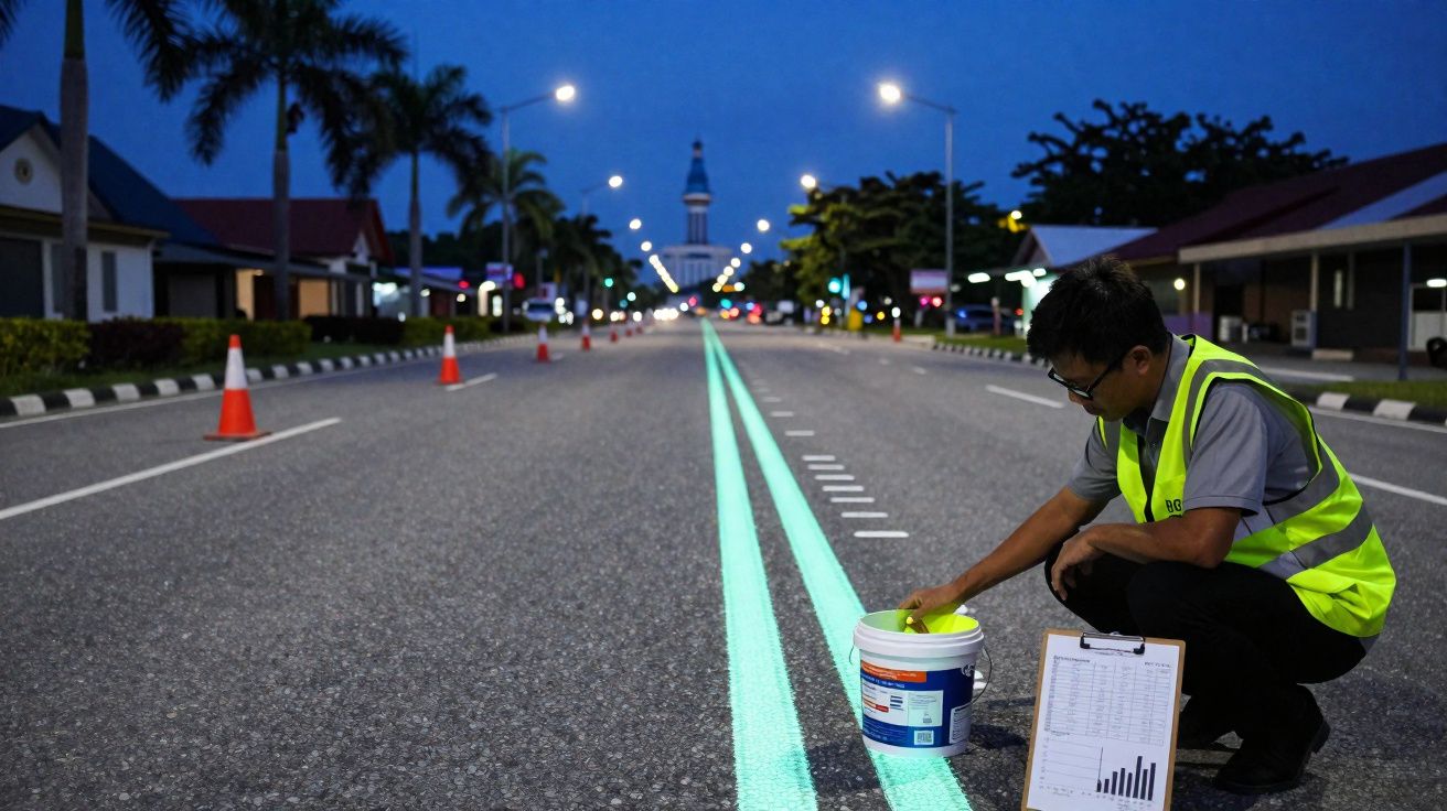 Homem a pintar linhas luminosas numa estrada vazia durante o crepúsculo, com colete refletor e prancheta.