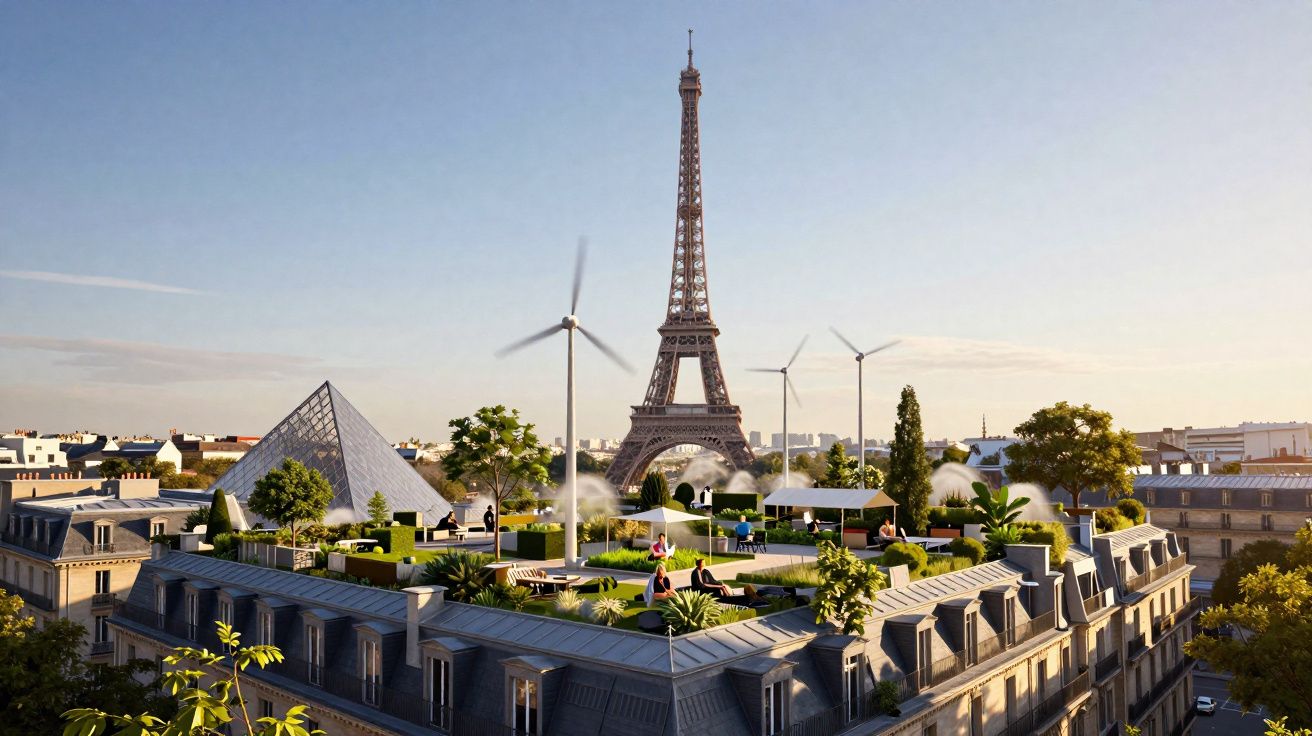 Telhado verde com turbinas eólicas e pessoas, com a Torre Eiffel e a pirâmide do Louvre ao fundo em Paris.