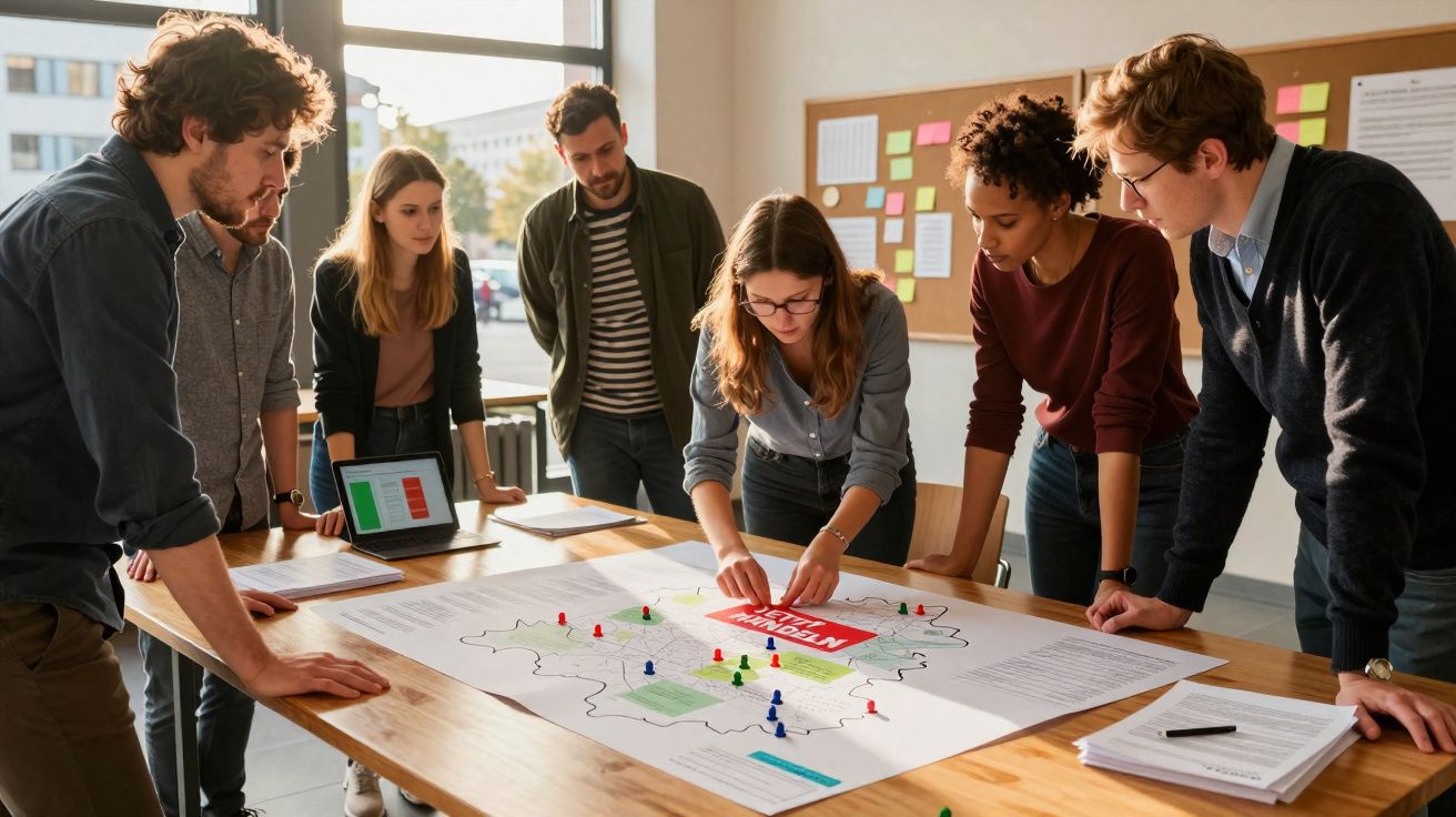 Grupo de jovens em reunião a analisar mapa estratégico numa sala iluminada por luz natural.