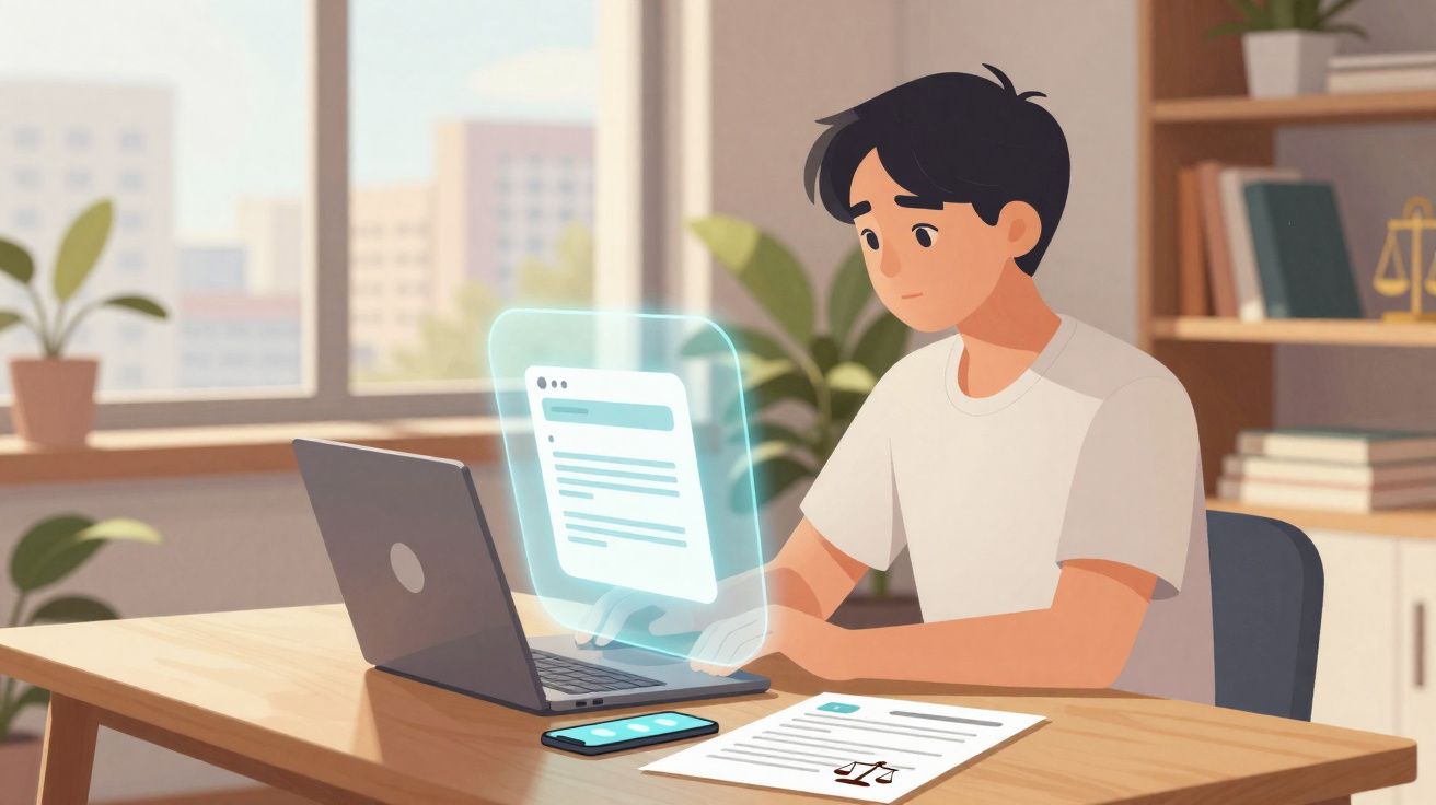 Homem sentado a trabalhar num portátil com holograma de documento num escritório iluminado.