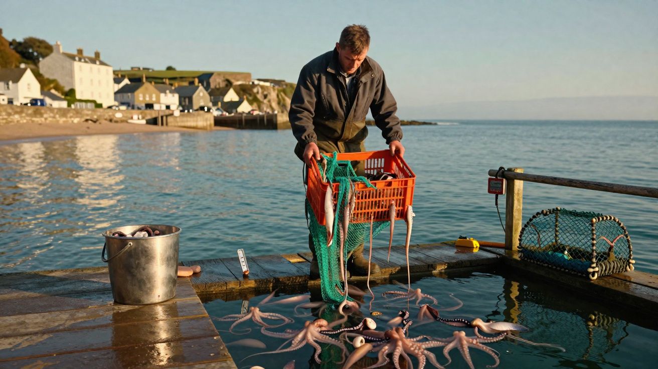 Homem a alimentar polvos num tanque ao ar livre junto ao mar numa tarde ensolarada.