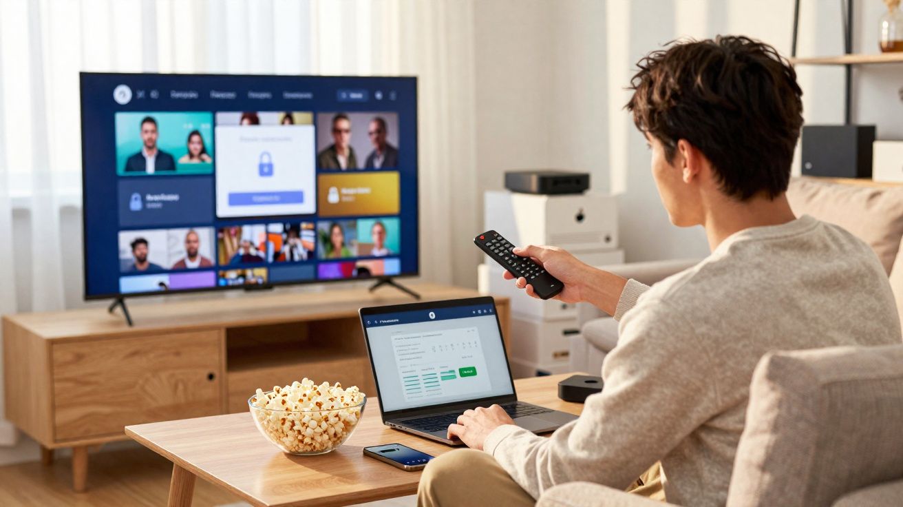 Pessoa sentada a usar portátil e comando à frente da televisão com videoconferência, na sala com pacote de pipocas.