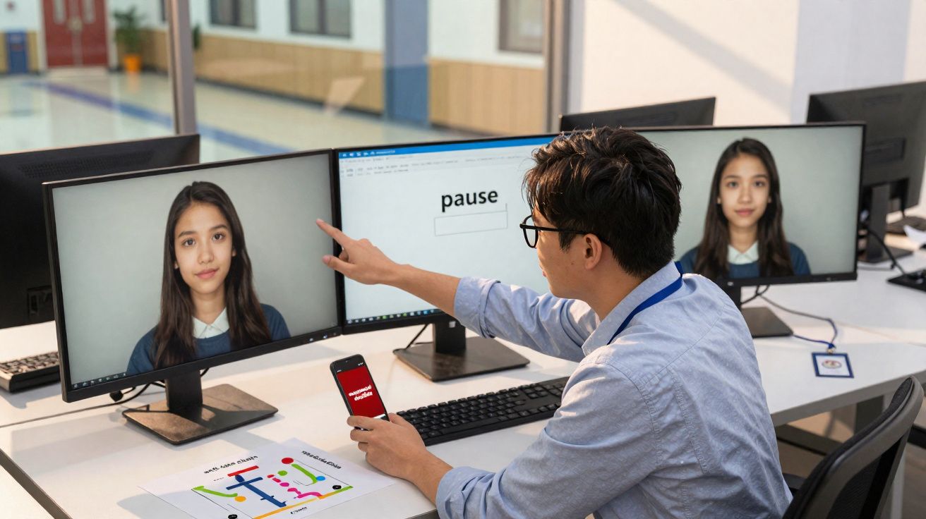 Homem aponta para ecrã com imagem de rapariga durante videoconferência num escritório moderno.