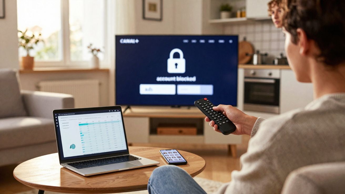 Pessoa segurando comando e vendo ecrã de televisão bloqueado, com portátil e telemóvel numa mesa de centro.