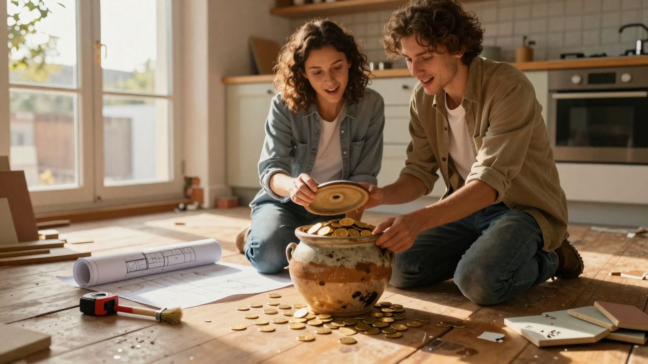 Casal jovem sentado no chão junto a um pote cheio de moedas douradas, com planos e ferramentas espalhados.