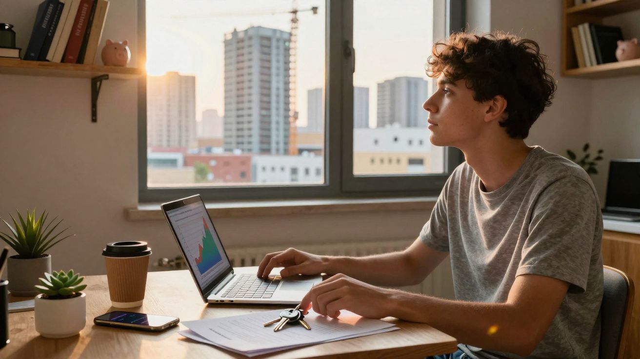 Jovem a trabalhar num computador portátil junto a uma janela com vista para edifícios urbanos ao pôr do sol.