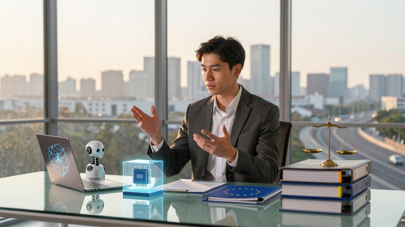 Homem de negócios em escritório moderno discute tecnologia de inteligência artificial com holograma de chip e robot.