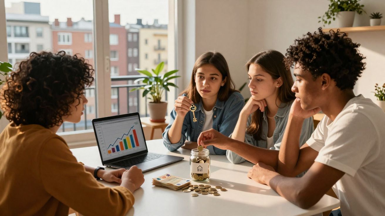 Jovens reunidos à mesa com gráfico no portátil, moedas e chave, planeando finanças ou investimento imobiliário.