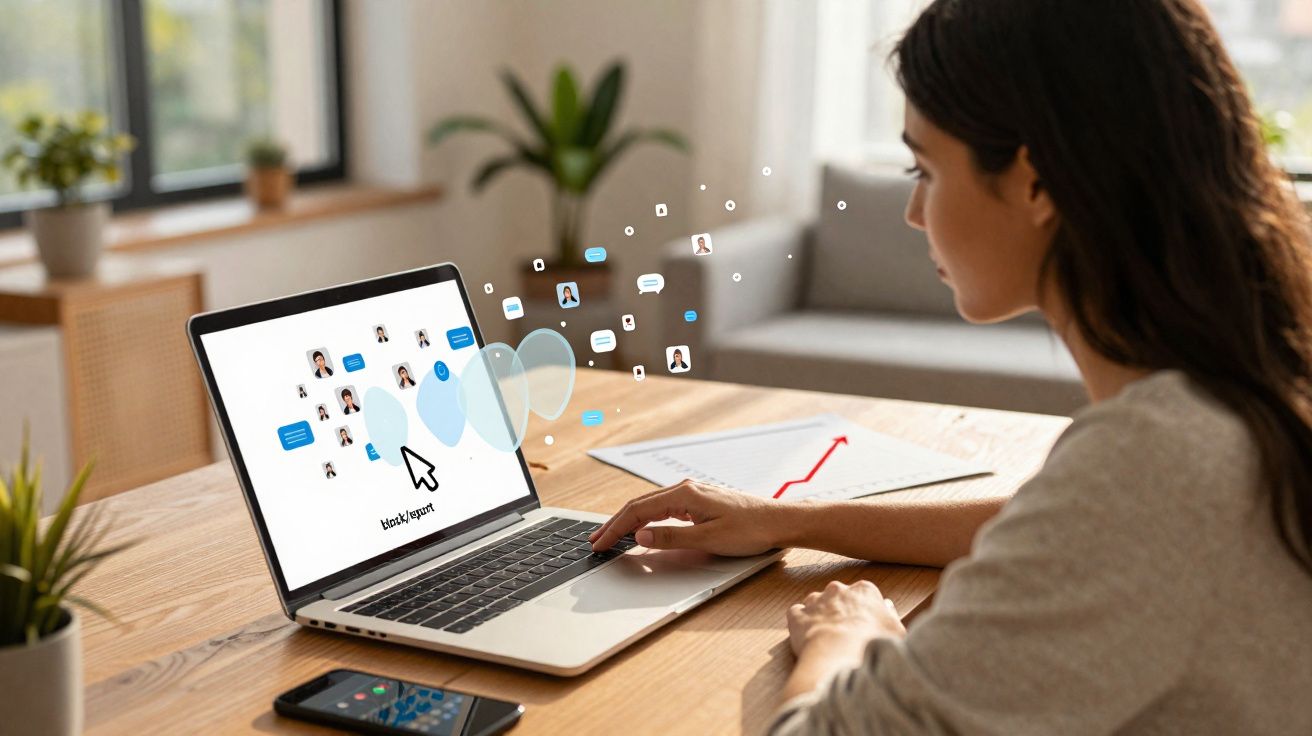 Mulher a usar portátil numa mesa de madeira, interagindo com software de comunicação digital.
