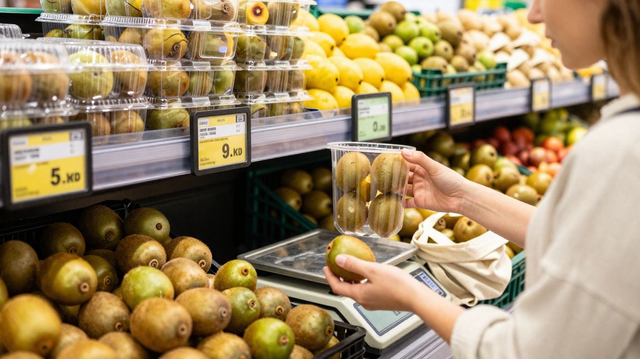 Pessoa a pesar kiwis numa frutaria com várias frutas expostas e etiquetas de preços visíveis.
