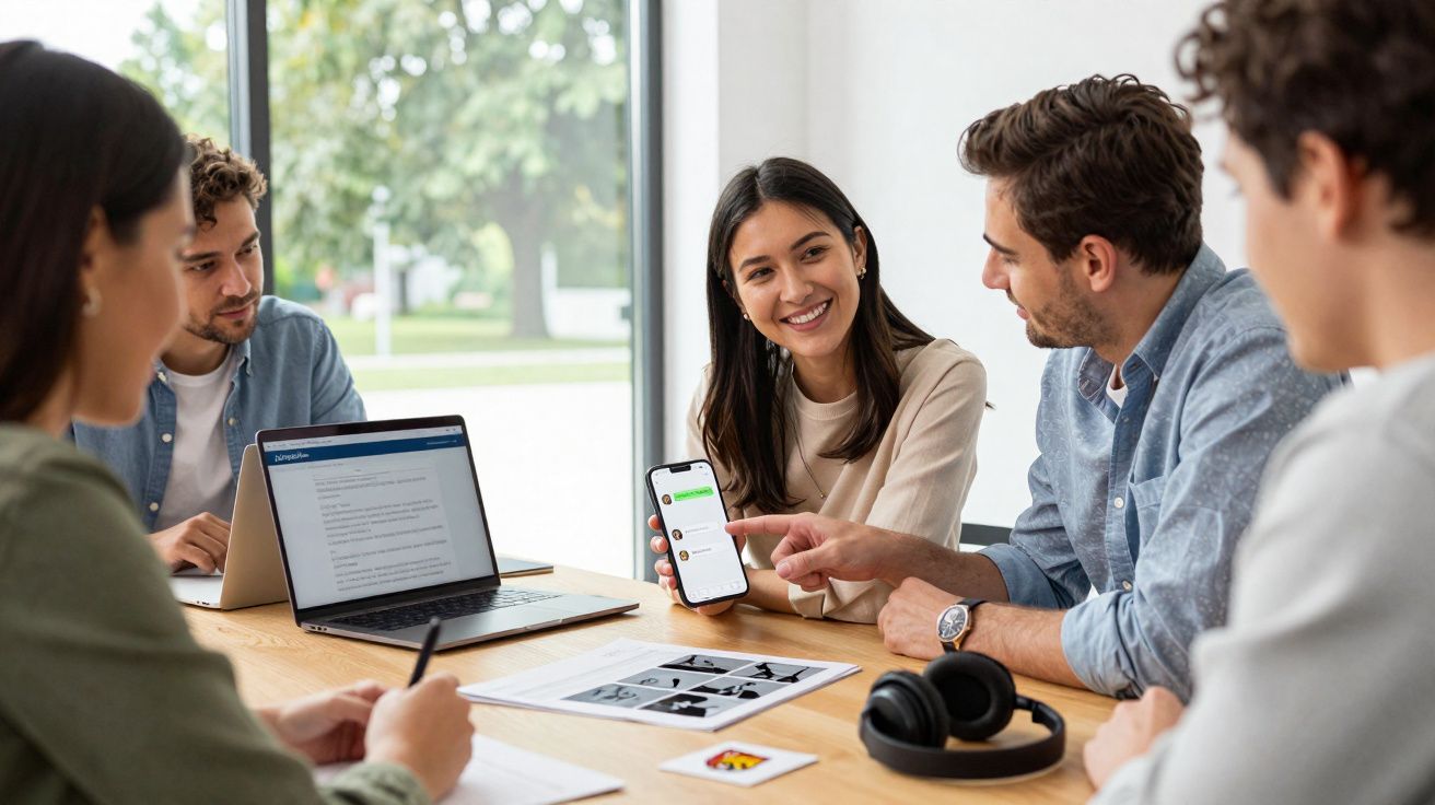 Grupo de jovens em reunião, um deles mostra mensagens no telemóvel, com computador portátil e papéis na mesa.