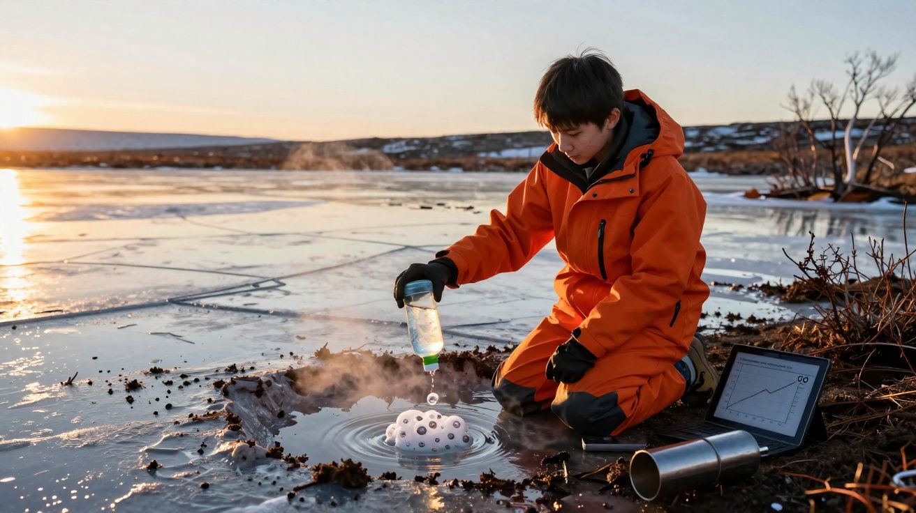 Jovem de fato laranja analisa amostra de água numa superfície congelada ao pôr do sol junto a um tablet com gráfico.