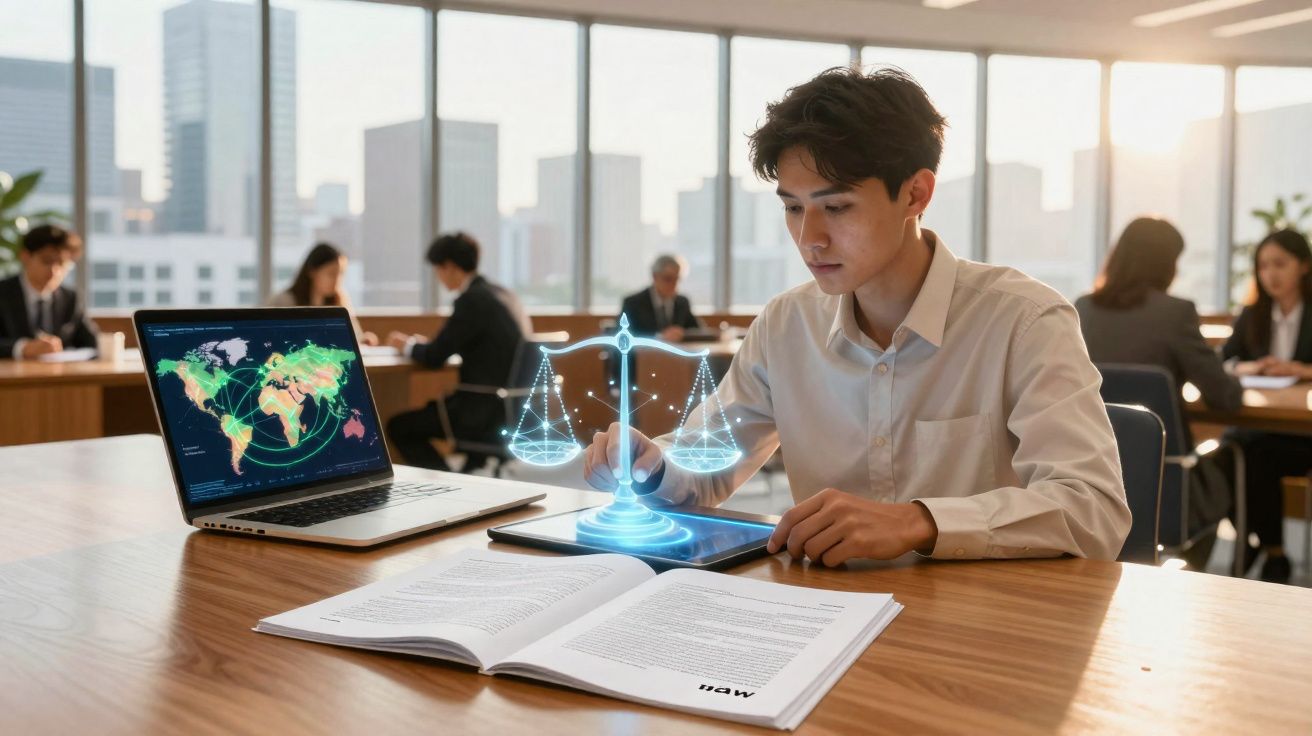 Jovem a estudar direito com símbolo holográfico da balança da justiça em mesa de escritório moderno.