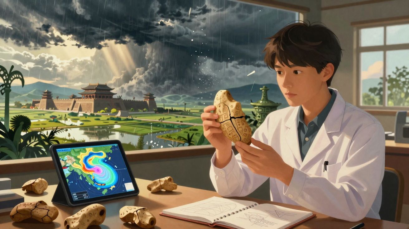 Jovem cientista estuda artefato antigo em laboratório com tempestade e templo visíveis ao fundo.