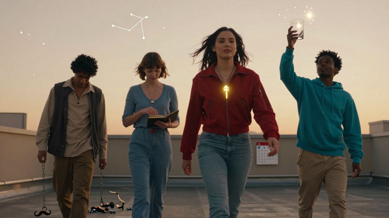 Quatro jovens a caminhar num terraço ao pôr do sol com elementos luminosos e objetos nas mãos.