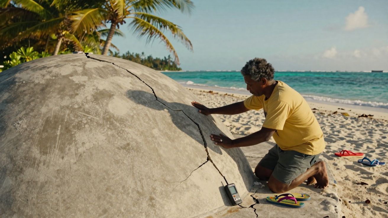 Homem de joelhos examina estrutura esférica rachada numa praia junto ao mar e palmeiras.