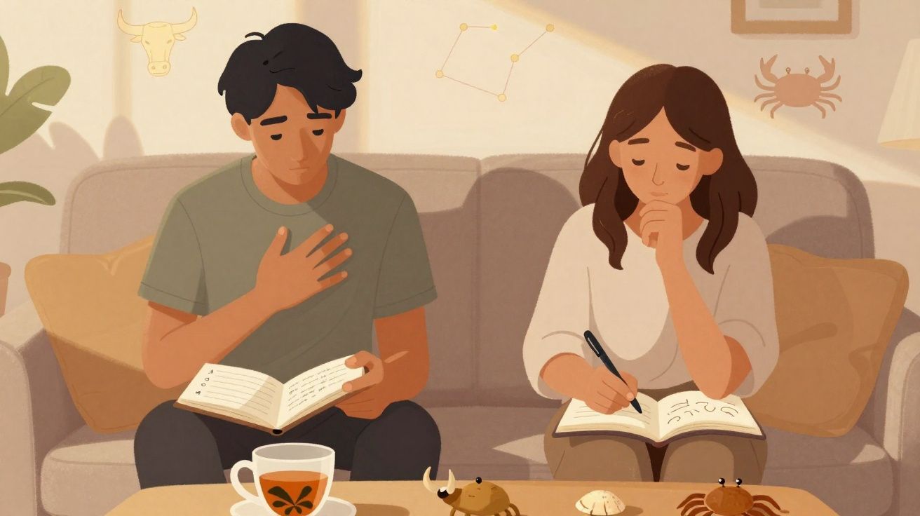Homem e mulher sentados no sofá, lendo e escrevendo em cadernos, com símbolos astrológicos ao fundo.