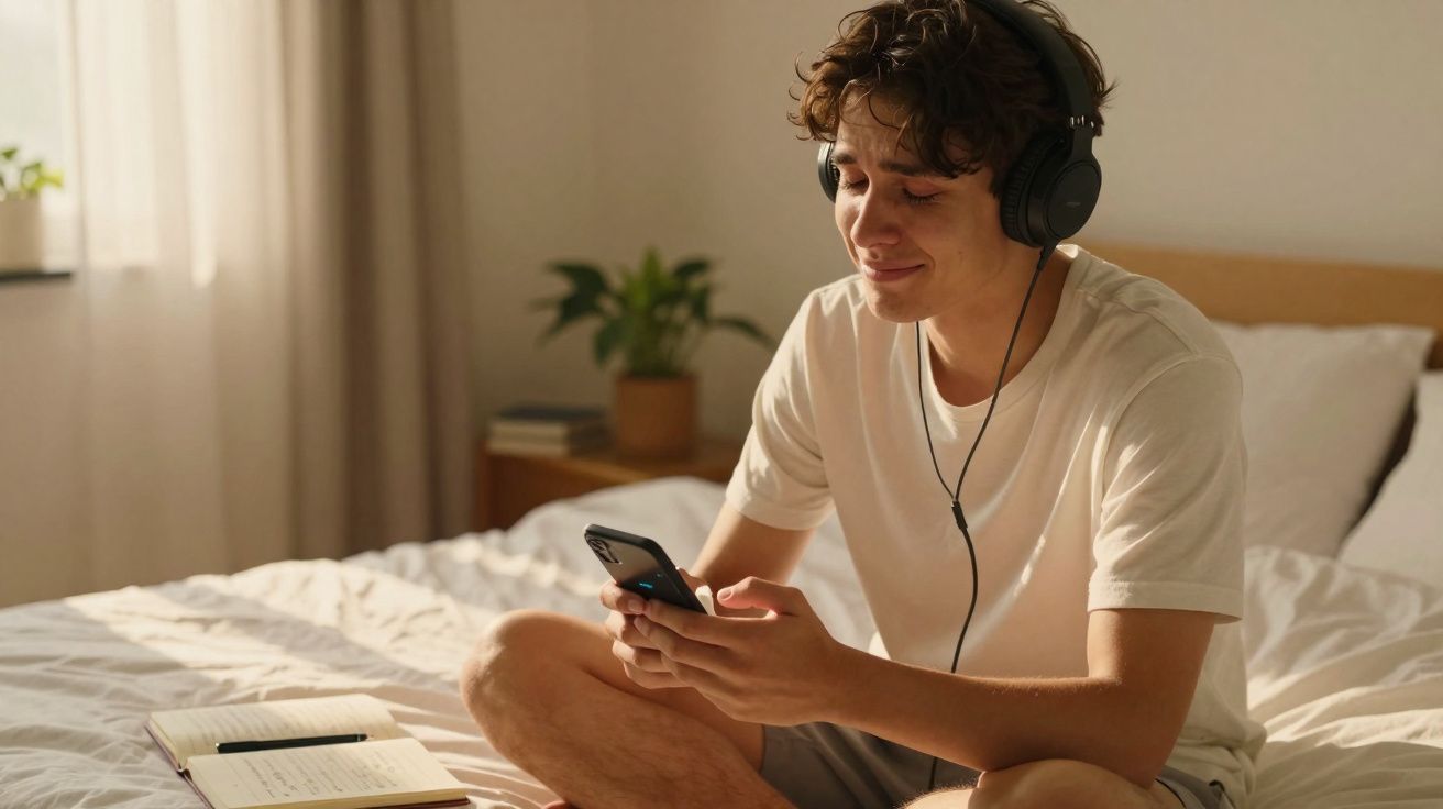 Jovem sentado na cama a ouvir música com auscultadores e a sorrir enquanto usa o telemóvel.