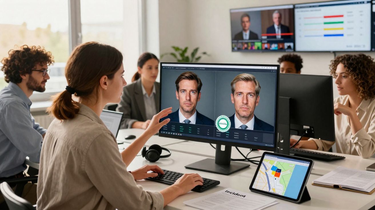 Grupo de pessoas em escritório a realizar videoconferência com deteção facial em ecrã principal.