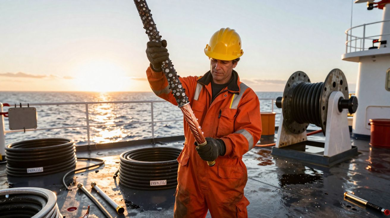 Trabalhador em fato laranja e capacete amarelo manuseia cabo elétrico no convés de navio ao pôr do sol.