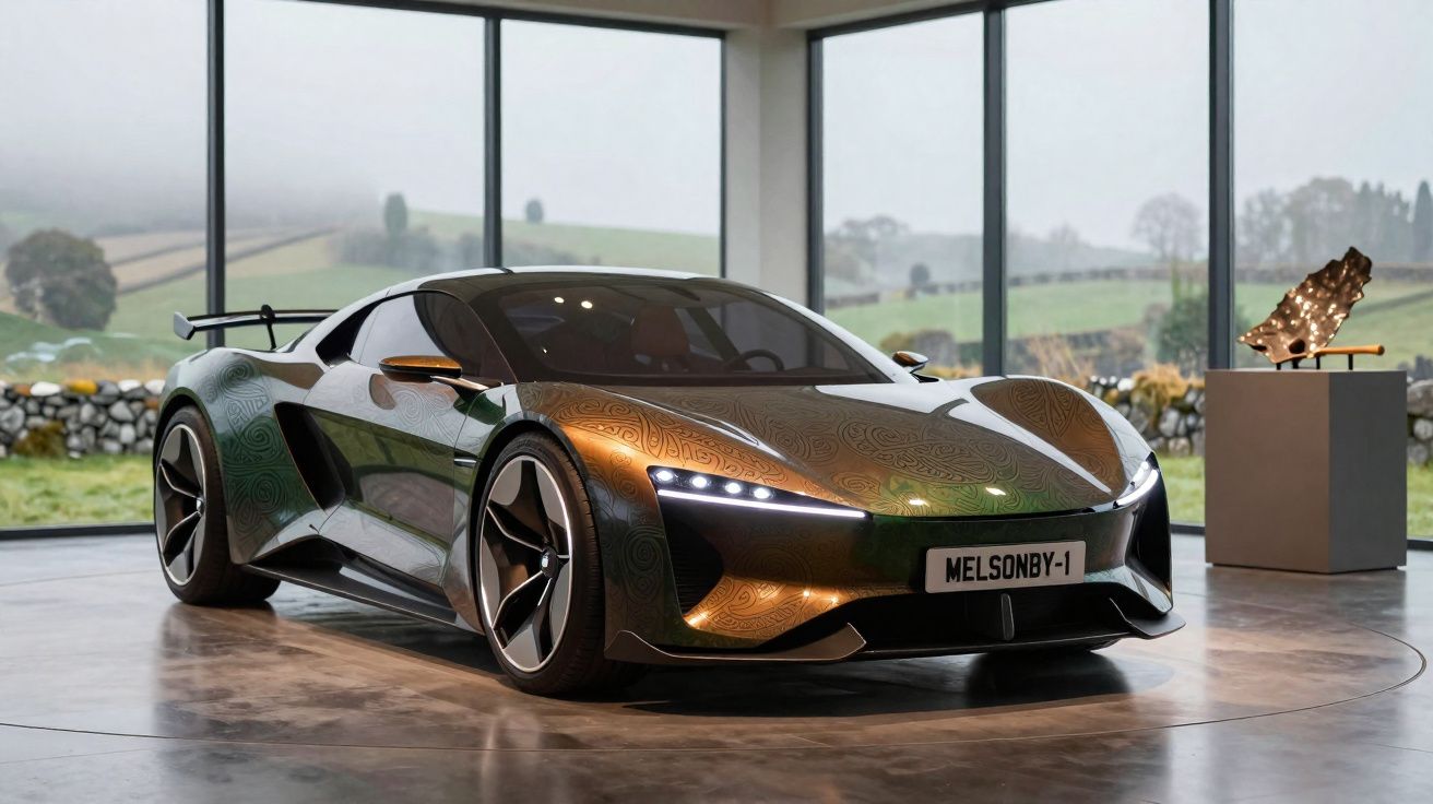 Carro desportivo verde metálico com detalhes luminosos, exposto num espaço moderno com grandes janelas panorâmicas.