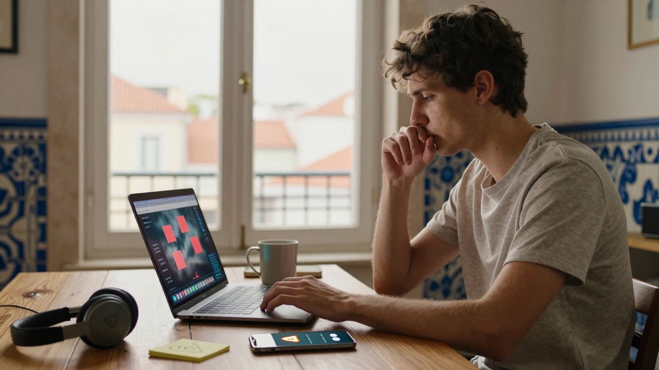 Jovem concentrado a trabalhar num laptop numa mesa de madeira, com auscultadores e telemóvel ao lado.