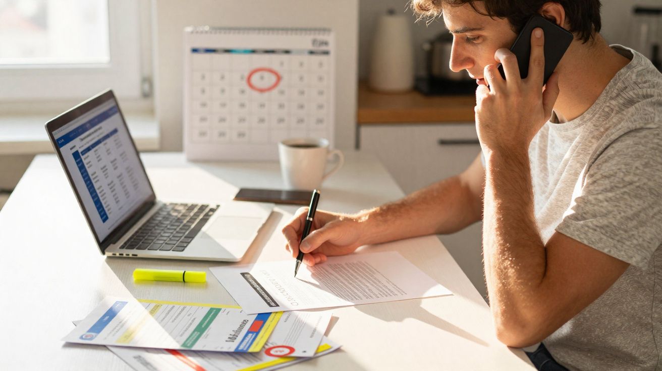 Homem em casa a falar ao telemóvel e a preencher documentos ao lado de portátil e calendário.